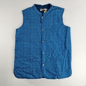 NWT Fabindia Blue Hand-Block Print Vest Artsy Boho Layering Kids 10-12 Women XS